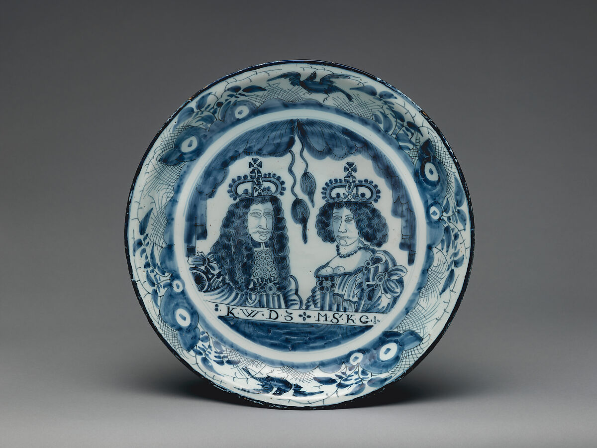 Charger with double portrait of William III and Mary II, Tin-glazed earthenware (Delftware), Dutch, Delft 