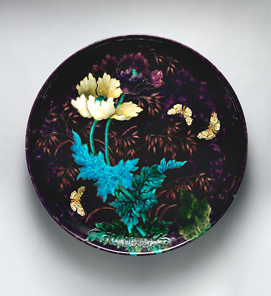 Charger with flowers and butterflies, Edmond Lachenal (French, 1855–1948), Earthenware, French, Paris 