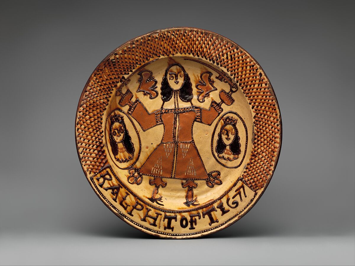 Display dish with a cavalier and portrait medallions, Ralph Toft (British, active ca. 17th century), Slip-decorated earthenware, British, Staffordshire 