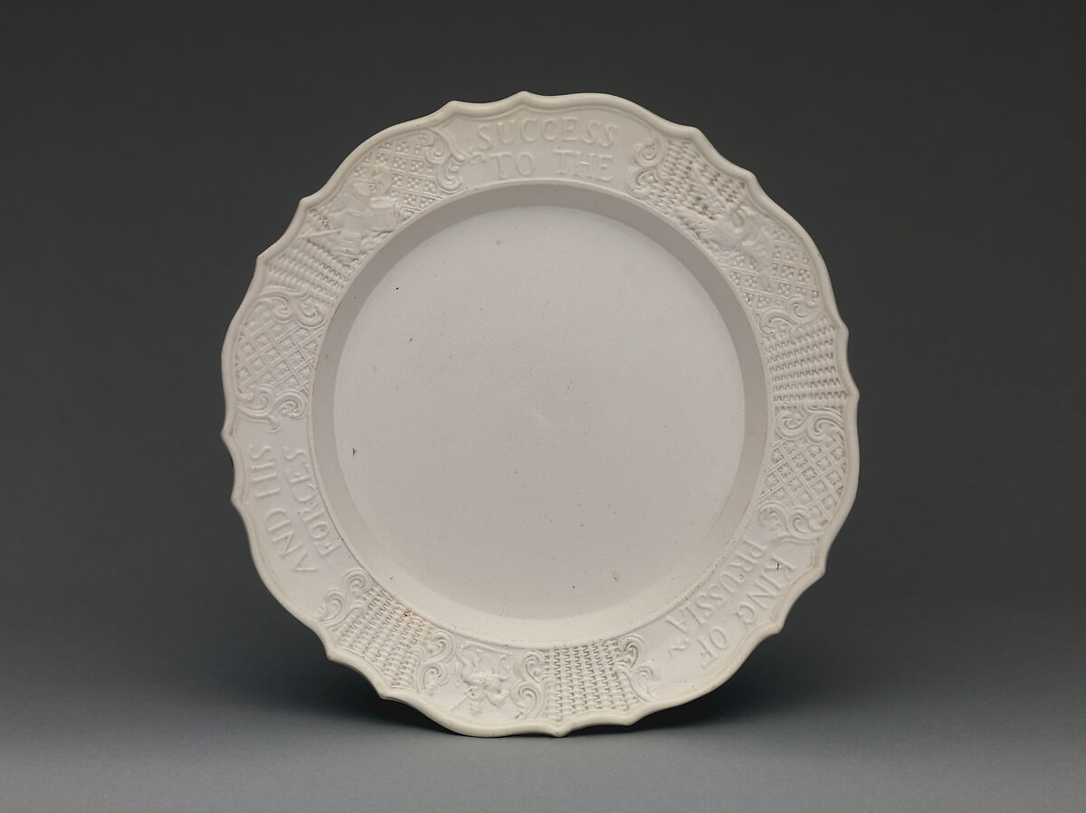 Dish with King of Prussia inscription, Salt-glazed stoneware, British, Staffordshire 