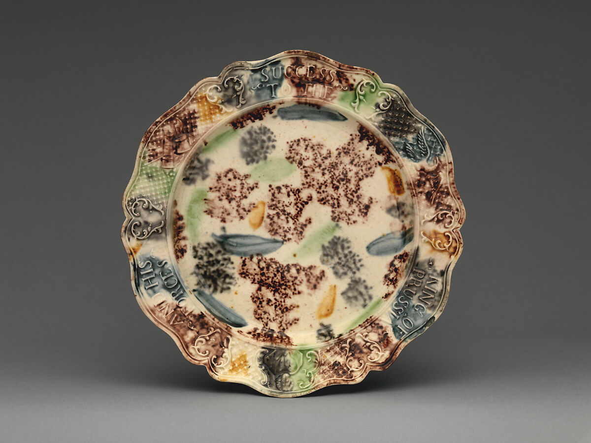 Dish with King of Prussia inscription, Lead-glazed earthenware, British, Staffordshire 