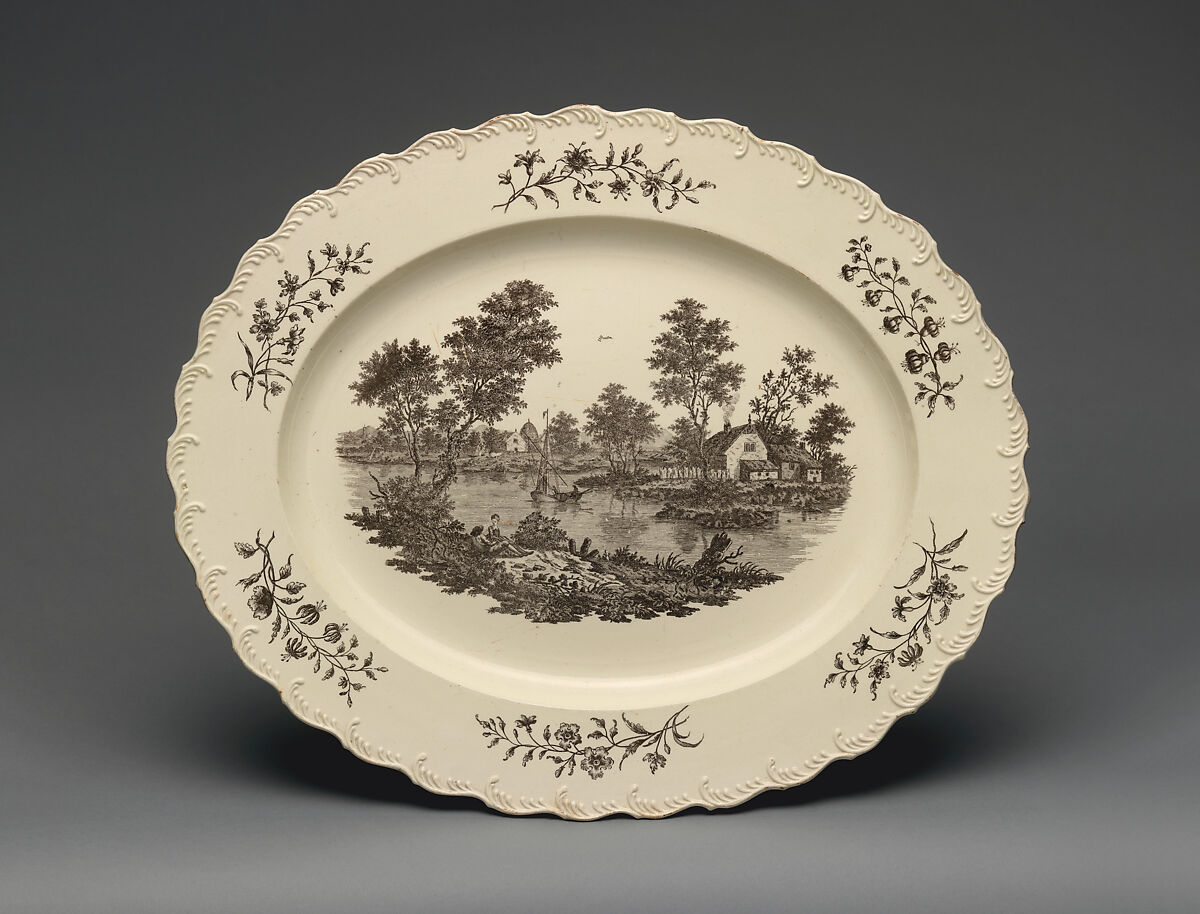 Platter, Josiah Wedgwood (British, Burslem, Stoke-on-Trent 1730–1795 Burslem, Stoke-on-Trent), Creamware with transfer-printed decoration in black, British, Staffordshire 