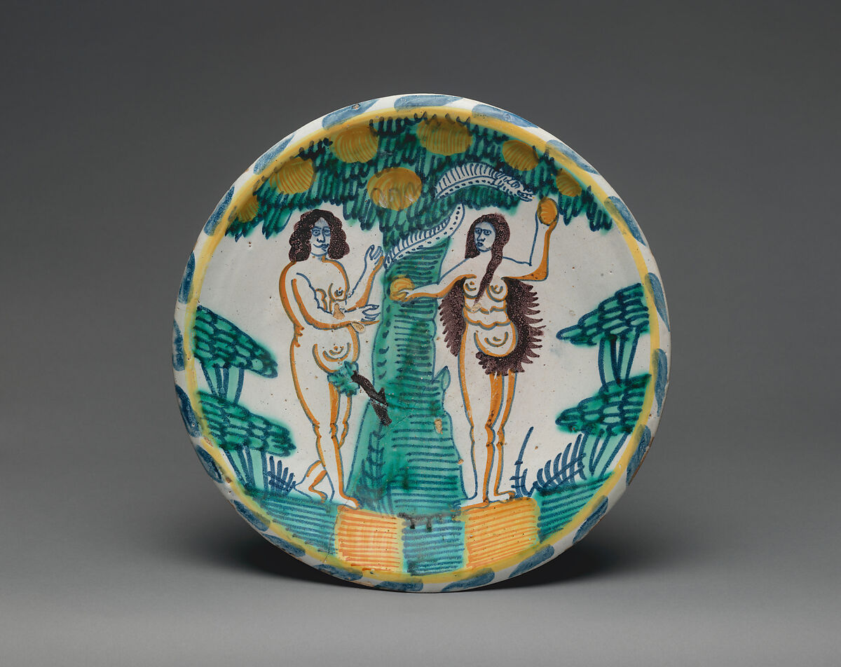 Dish with Temptation of Adam and Eve, Tin-glazed earthenware, British 