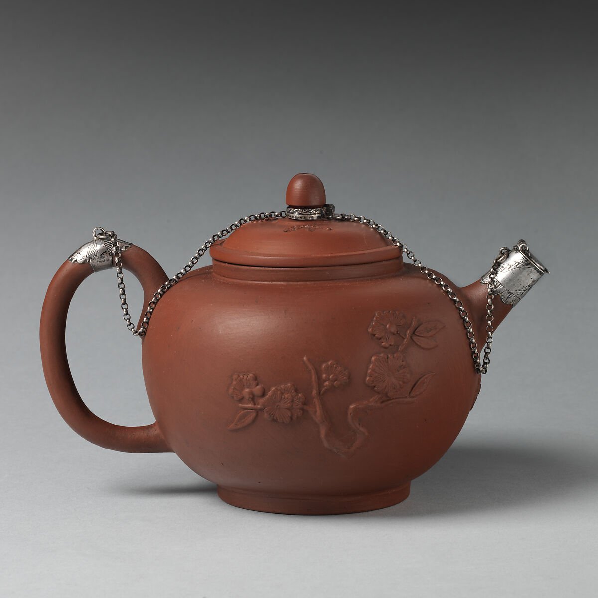 Teapot, Factory of Arij de Milde (1634–1708), Red earthenware, silver mounts, Dutch, Delft