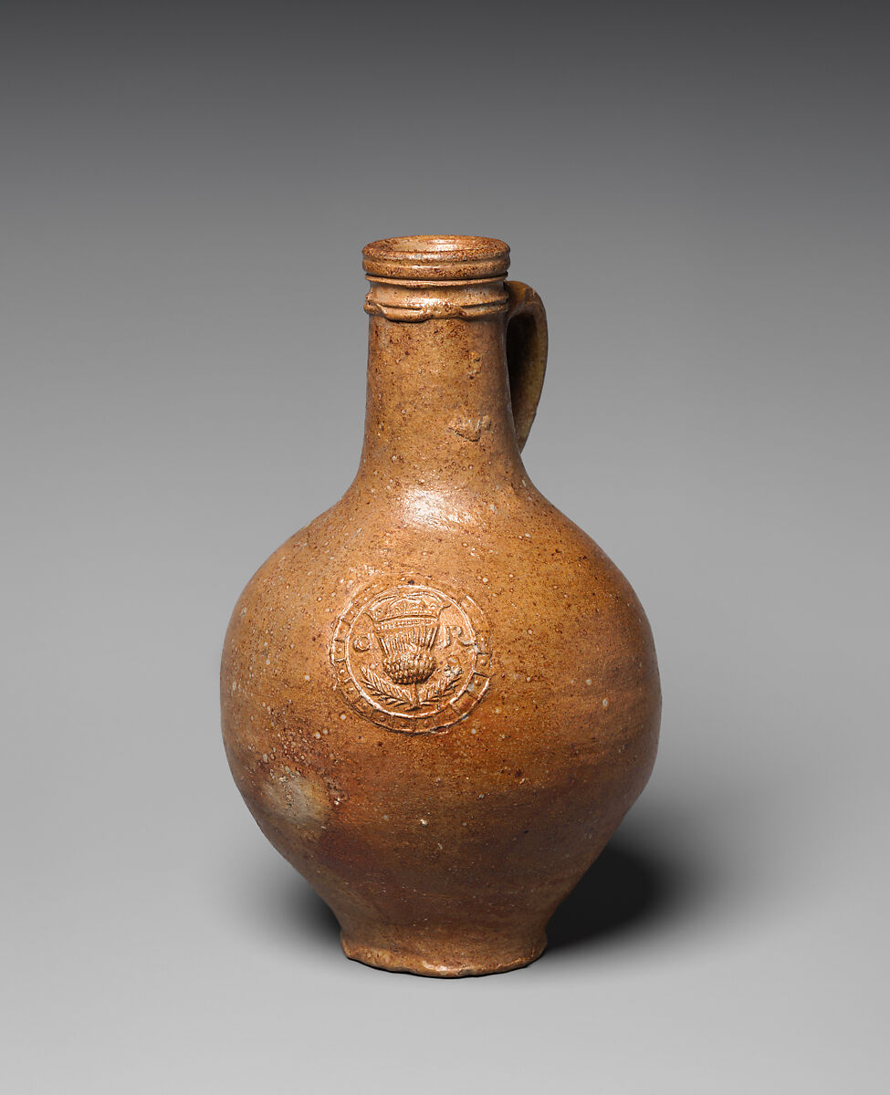 Bottle with a thistle medallion, Factory of John Dwight (British, 1635–1703), Salt-glazed stoneware, British, Fulham 