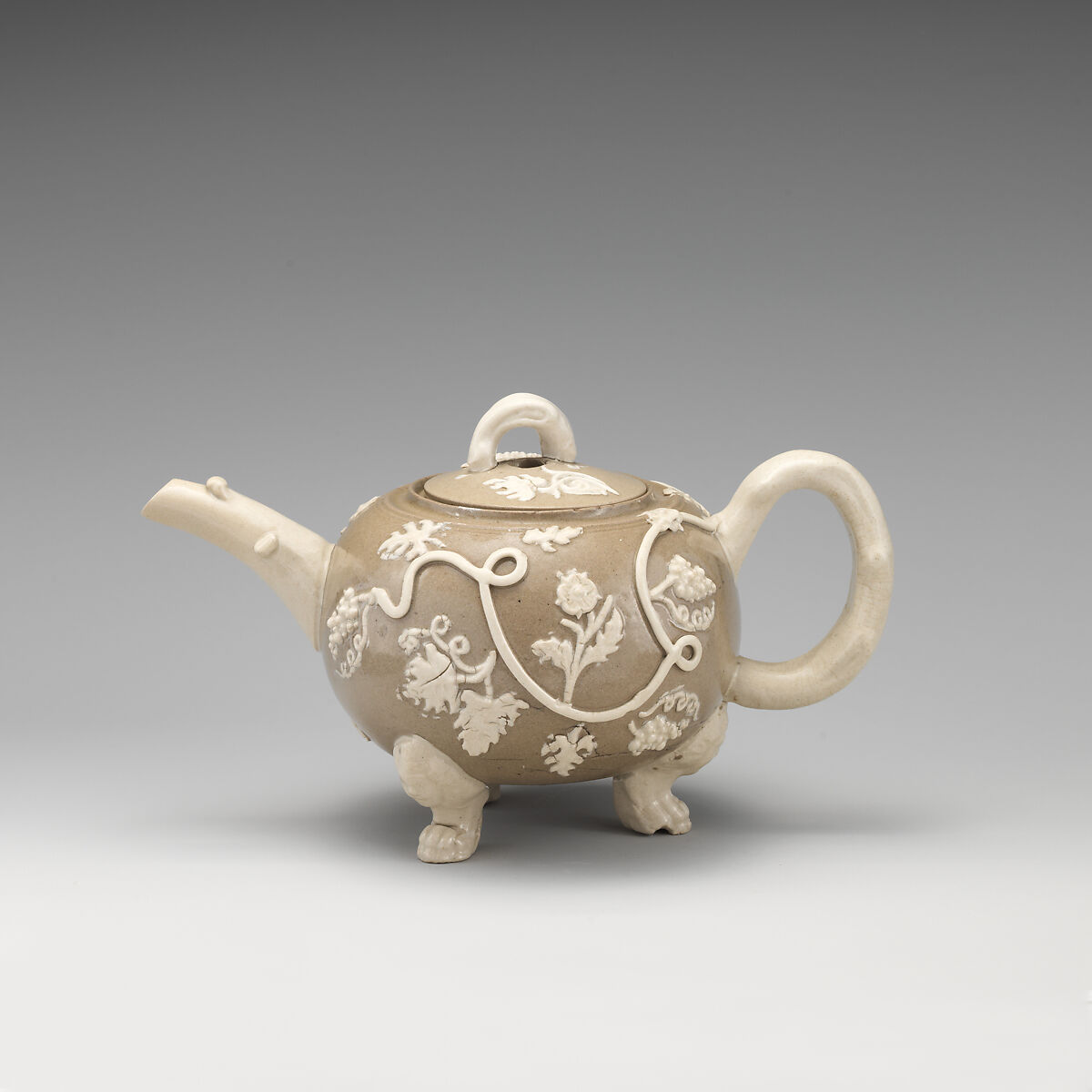 Footed teapot, Salt-glazed stoneware, British, Staffordshire 