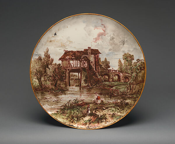 Tray with landscape, Emile Lessore (French, 1805–1876), Creamware with polychrome enamel, British, Staffordshire 