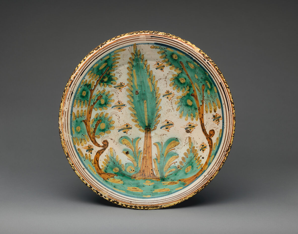 Charger with foliate design, Tin-glazed earthenware, possibly Spanish, Talavera or Puente del Arzobispo 