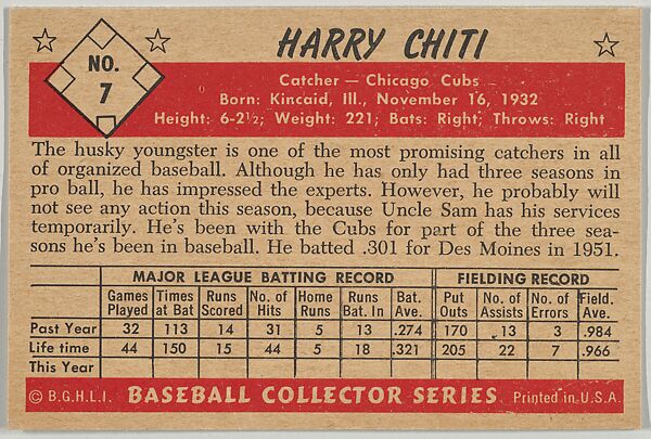 Harry Chiti, Catcher, Chicago Cubs, from Collector Series, Colors set, series 7 (R406-7) issued by Bowman Gum, Issued by Bowman Gum Company, Commercial color lithograph