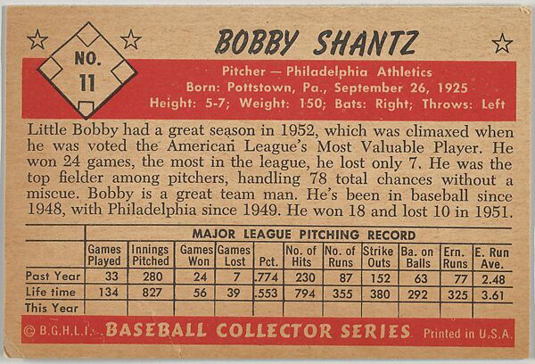 Bobby Shantz, Pitcher, Philadelphia Athletics, from Collector Series, Colors set, series 7 (R406-7) issued by Bowman Gum, Issued by Bowman Gum Company, Commercial color lithograph