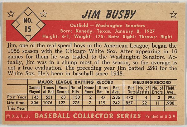 Jim Busby, Outfield, Washington Senators, from Collector Series, Colors set, series 7 (R406-7) issued by Bowman Gum, Issued by Bowman Gum Company, Commercial color lithograph