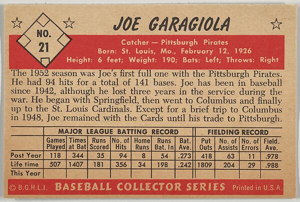 Joe Garagiola, Catcher, Pittsburgh Pirates, from Collector Series, Colors set, series 7 (R406-7) issued by Bowman Gum, Issued by Bowman Gum Company, Commercial color lithograph