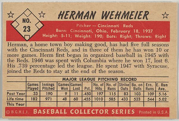 Herman Wehmeier, Pitcher, Cincinnati Reds, from Collector Series, Colors set, series 7 (R406-7) issued by Bowman Gum, Issued by Bowman Gum Company, Commercial color lithograph