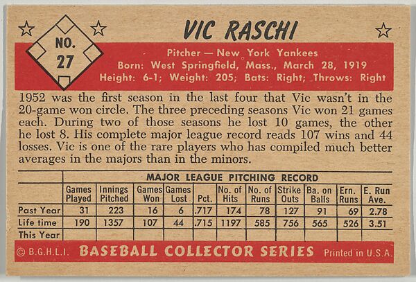 Vic Raschi, Pitcher, New York Yankees, from Collector Series, Colors set, series 7 (R406-7) issued by Bowman Gum, Issued by Bowman Gum Company, Commercial color lithograph