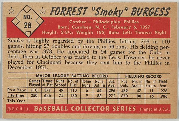Forrest "Smoky" Burgess, Catcher, Philadelphia Phillies, from Collector Series, Colors set, series 7 (R406-7) issued by Bowman Gum, Issued by Bowman Gum Company, Commercial color lithograph