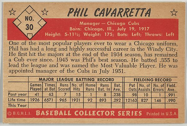 Phil Cavarretta, Manager, Chicago Cubs, from Collector Series, Colors set, series 7 (R406-7) issued by Bowman Gum, Issued by Bowman Gum Company, Commercial color lithograph