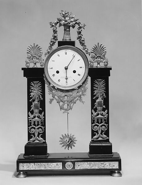 Portico Clock, L. Grognot, Enamel, brass, marble, gilt bronze, ebonized wood, glass 