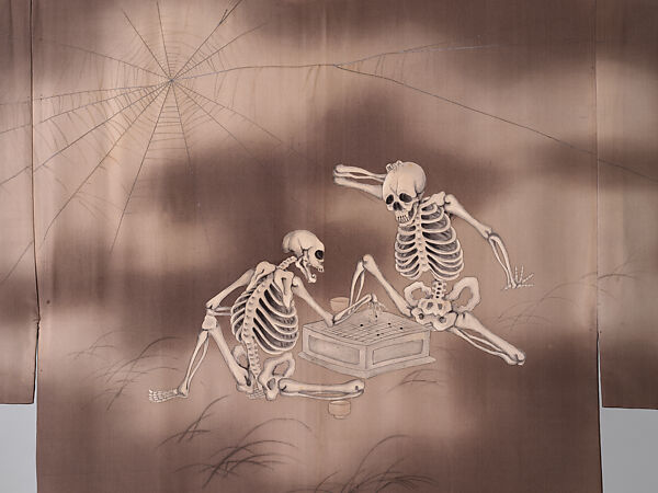 Man's Under-kimono (Nagajuban) with Skeletons, Plain-weave crepe silk with paste-resist dyeing, Japan