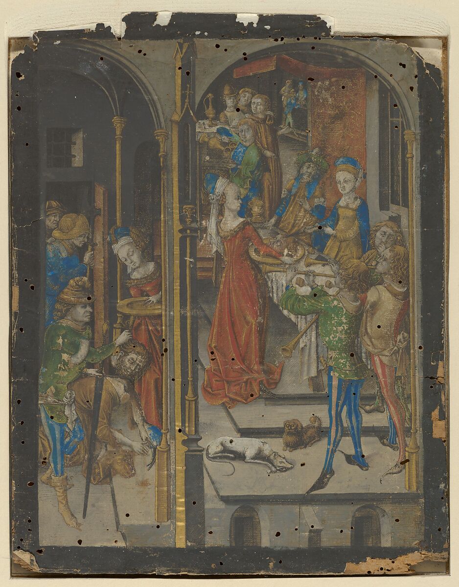 The Beheading of St. John the Baptist, Israhel van Meckenem (German, Meckenem ca. 1440/45–1503 Bocholt), Hand-colored engraving pasted on wood 
