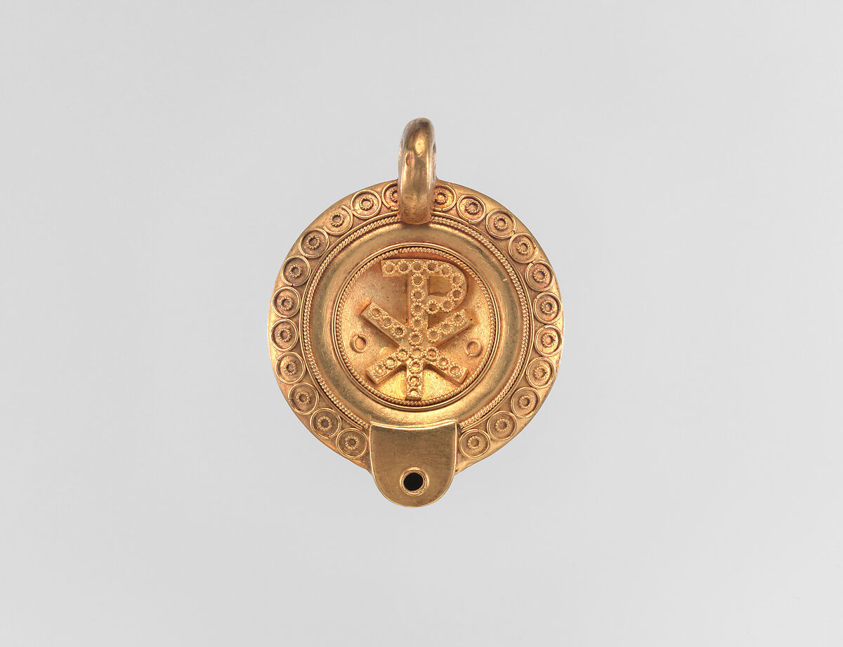 Byzantine-revival pendant in the form of an oil lamp, Castellani, Gold; glass; fabric, Italian, Rome 