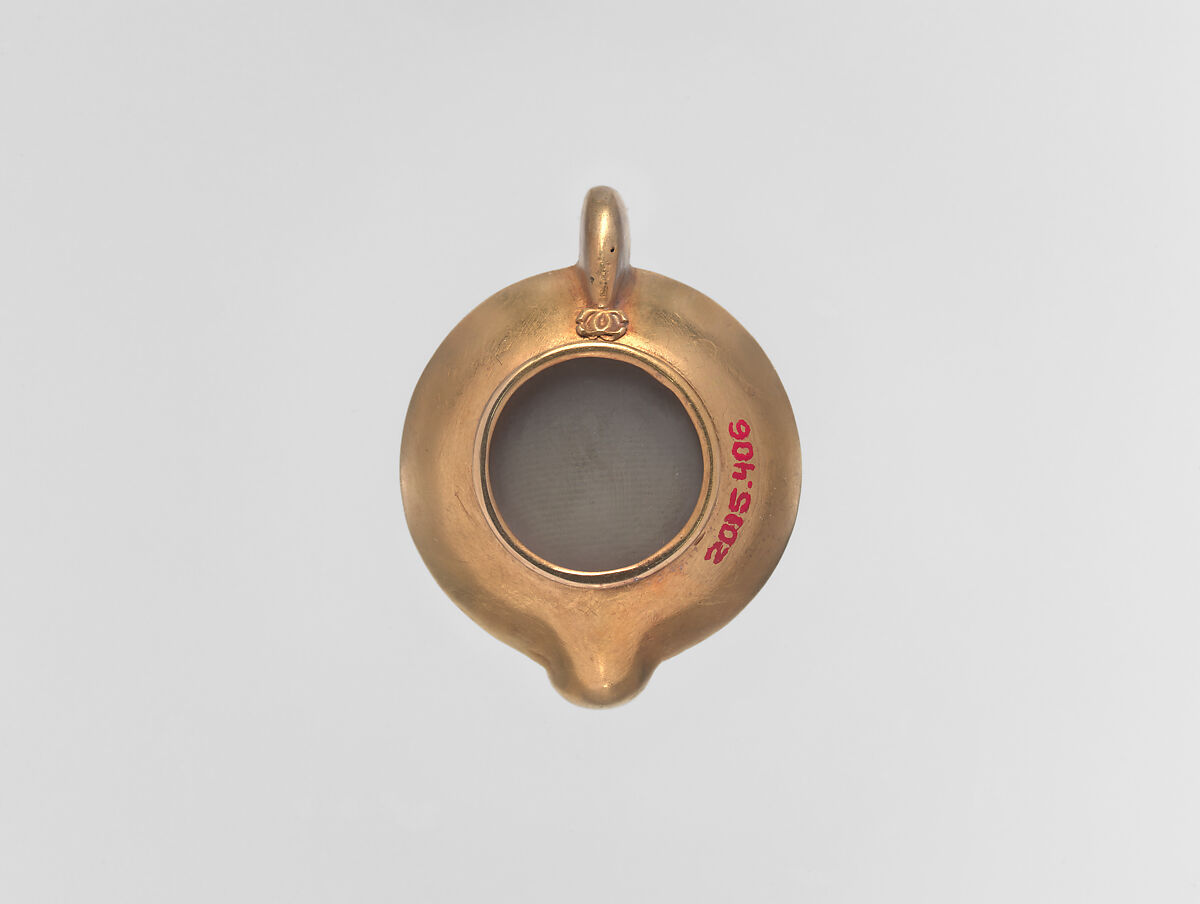 Byzantine-revival pendant in the form of an oil lamp, Castellani, Gold; glass; fabric, Italian, Rome