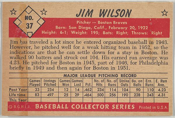 Jim Wilson, Pitcher, Boston Braves, from Collector Series, Colors set, series 7 (R406-7) issued by Bowman Gum, Issued by Bowman Gum Company, Commercial color lithograph