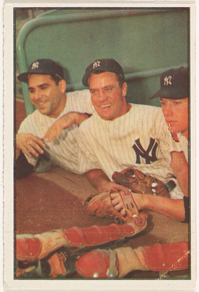 Hank Bauer, Outfield, Yogi Berra, Catcher, Mickey Mantle, Outfield, New York Yankees, from Collector Series, Colors set, series 7 (R406-7) issued by Bowman Gum, Issued by Bowman Gum Company, Commercial color lithograph 