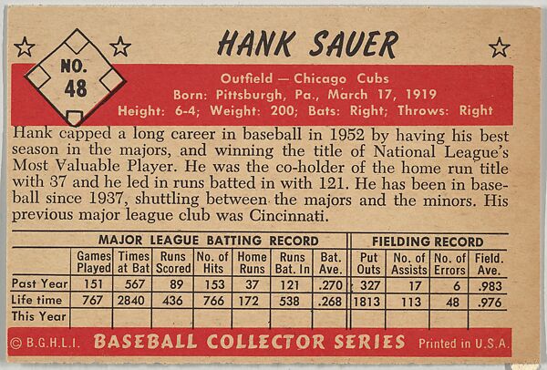 Hank Sauer, Outfield, Chicago Cubs, from Collector Series, Colors set, series 7 (R406-7) issued by Bowman Gum, Issued by Bowman Gum Company, Commercial color lithograph