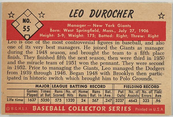 Leo Durocher, Manager, New York Giants, from Collector Series, Colors set, series 7 (R406-7) issued by Bowman Gum, Issued by Bowman Gum Company, Commercial color lithograph