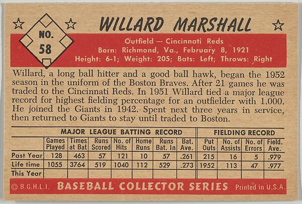 Willard Marshall, Outfield, Cincinnati Reds, from Collector Series, Colors set, series 7 (R406-7) issued by Bowman Gum, Issued by Bowman Gum Company, Commercial color lithograph