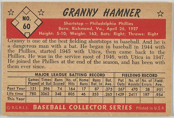 Granny Hamner, Shortstop, Philadelphia Phillies, from Collector Series, Colors set, series 7 (R406-7) issued by Bowman Gum, Issued by Bowman Gum Company, Commercial color lithograph