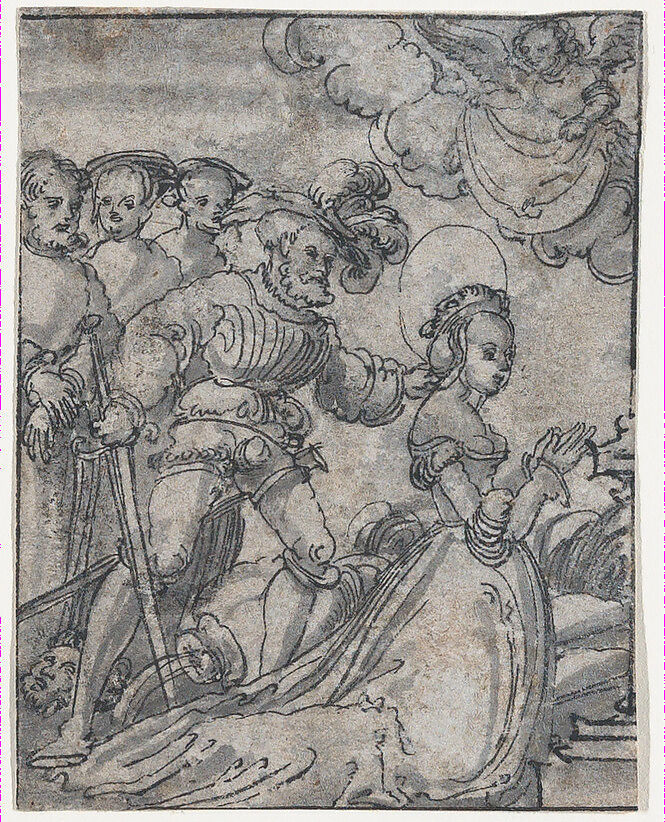 The Martyrdom of Saint Catherine, Anonymous, German, 16th century, Pen and black ink, gray wash; framing line in pen and black ink 