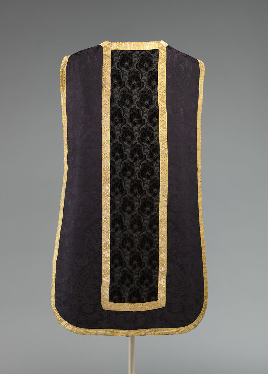 Funerary chasuble, Woven silk damask, woven silk velvet, woven ribbon with metal thread, metal thread embroidery, Italian, probably Rome