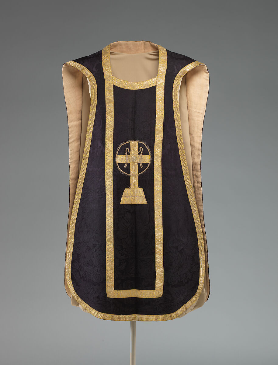Funerary chasuble, Woven silk damask, woven silk velvet, woven ribbon with metal thread, metal thread embroidery, Italian, probably Rome 