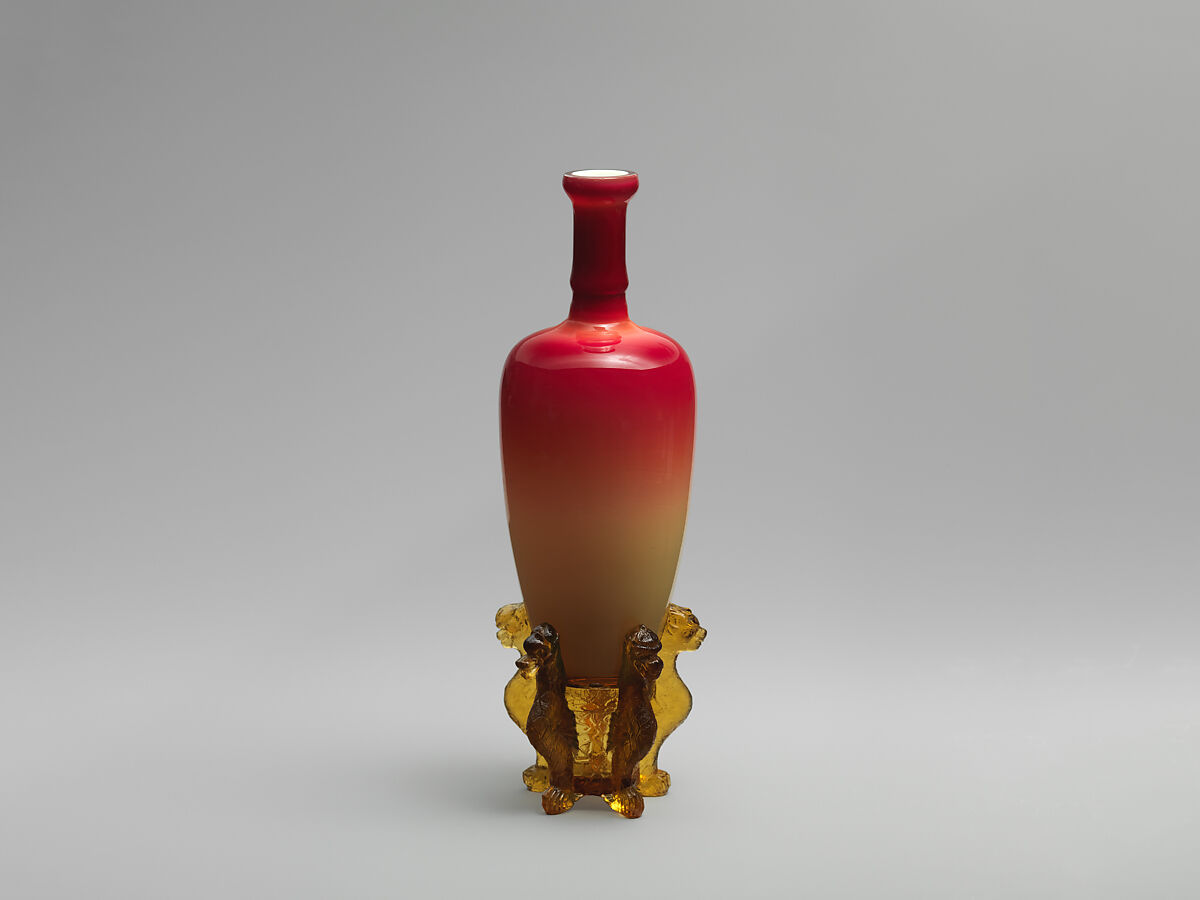 “Morgan Vase” and stand, Hobbs, Brockunier and Company (1863–1891), Peachblow glass, blown; amber glass, pressed, American 