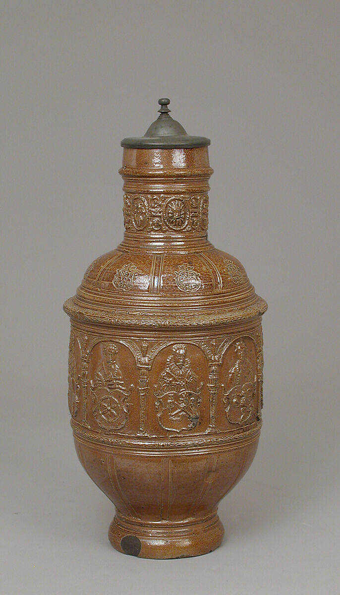 Jug, Salt-glazed stoneware, pewter, German, Raeren