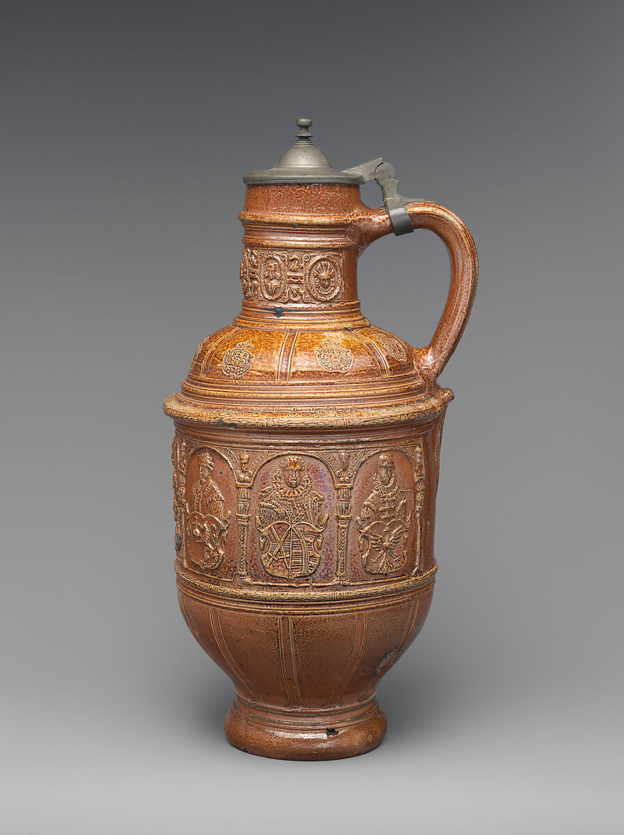 Jug, Salt-glazed stoneware, pewter, German, Raeren