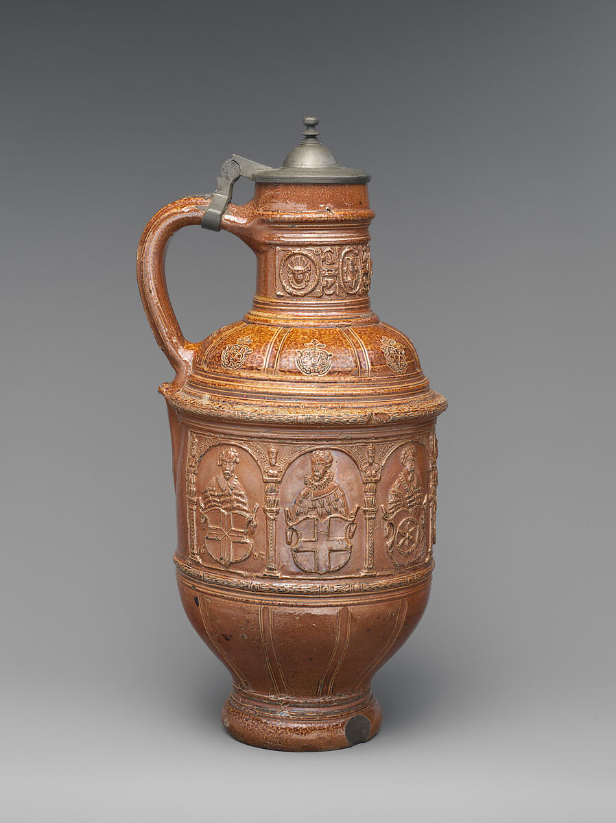 Jug, Salt-glazed stoneware, pewter, German, Raeren