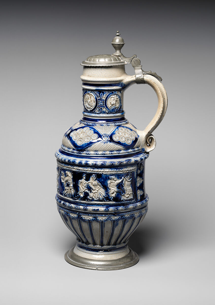 Jug, Salt-glazed stoneware, pewter, German, probably Westerwald 