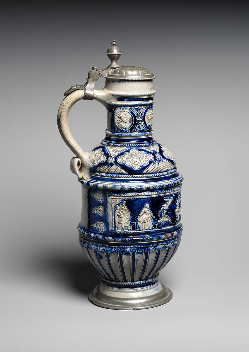 Jug, Salt-glazed stoneware, pewter, German, probably Westerwald