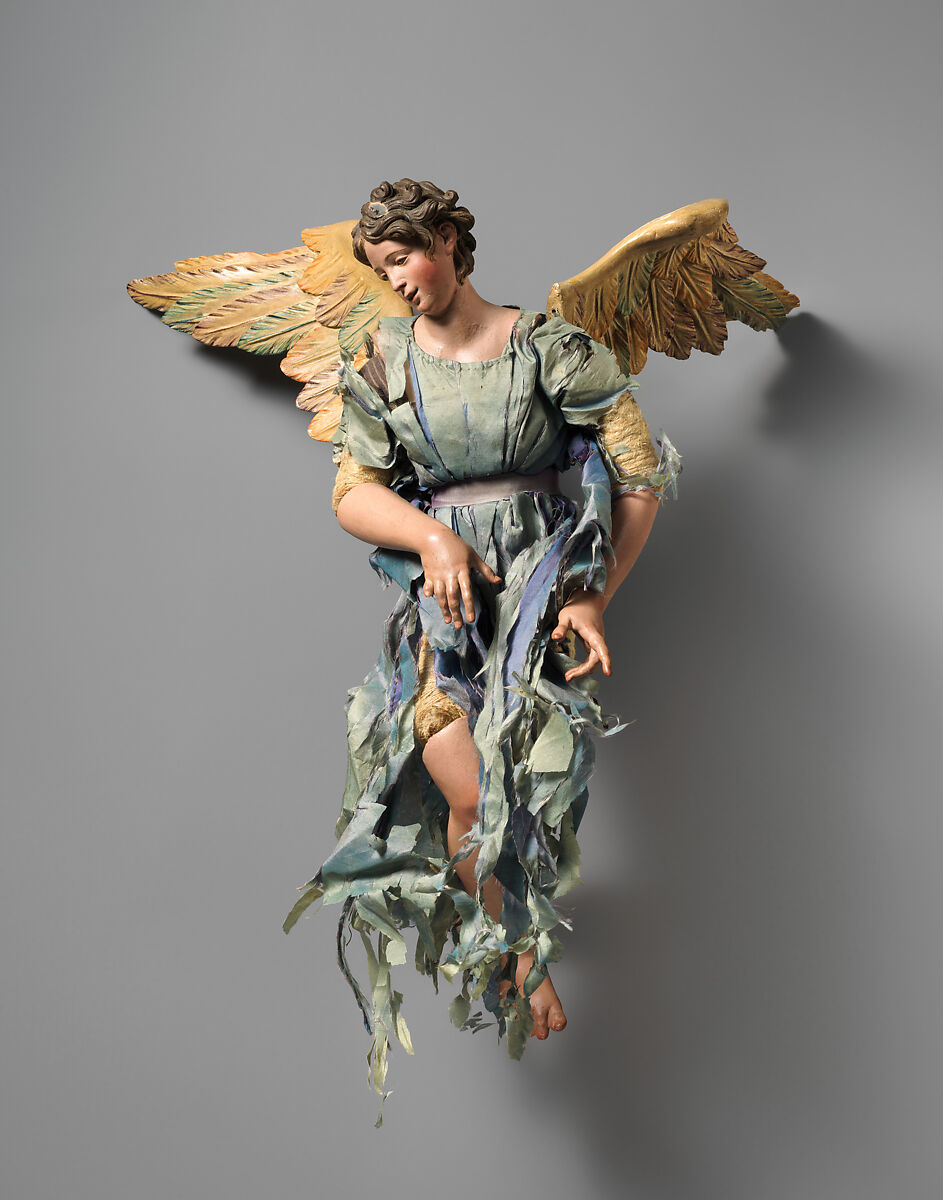 Angel with Blue dress (tattered) with detachable wings, Mixed media, Italian 
