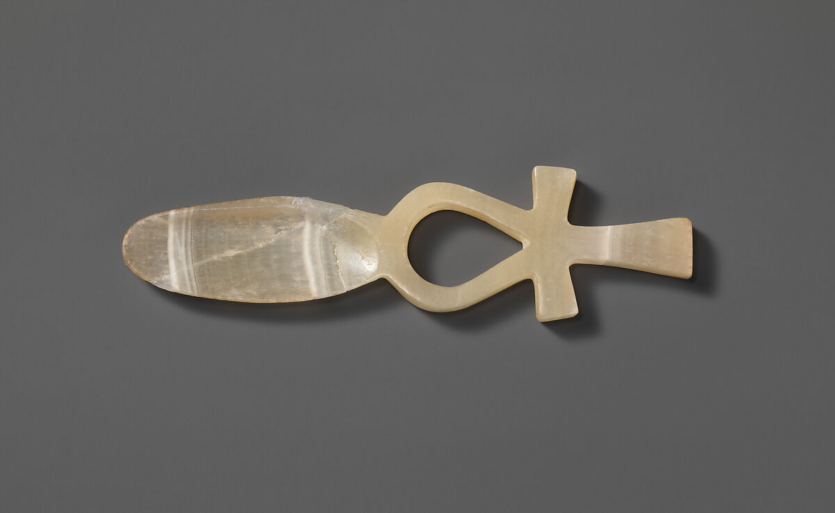 Cosmetic spoon with a handle in the shape of an ankh, Travertine (Egyptian alabaster)