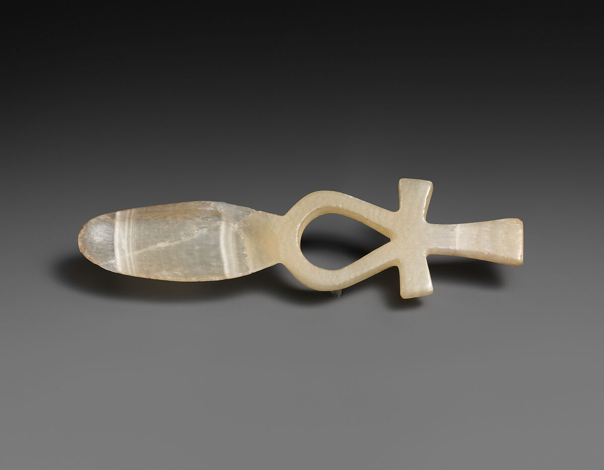Cosmetic spoon with a handle in the shape of an ankh, Travertine (Egyptian alabaster) 