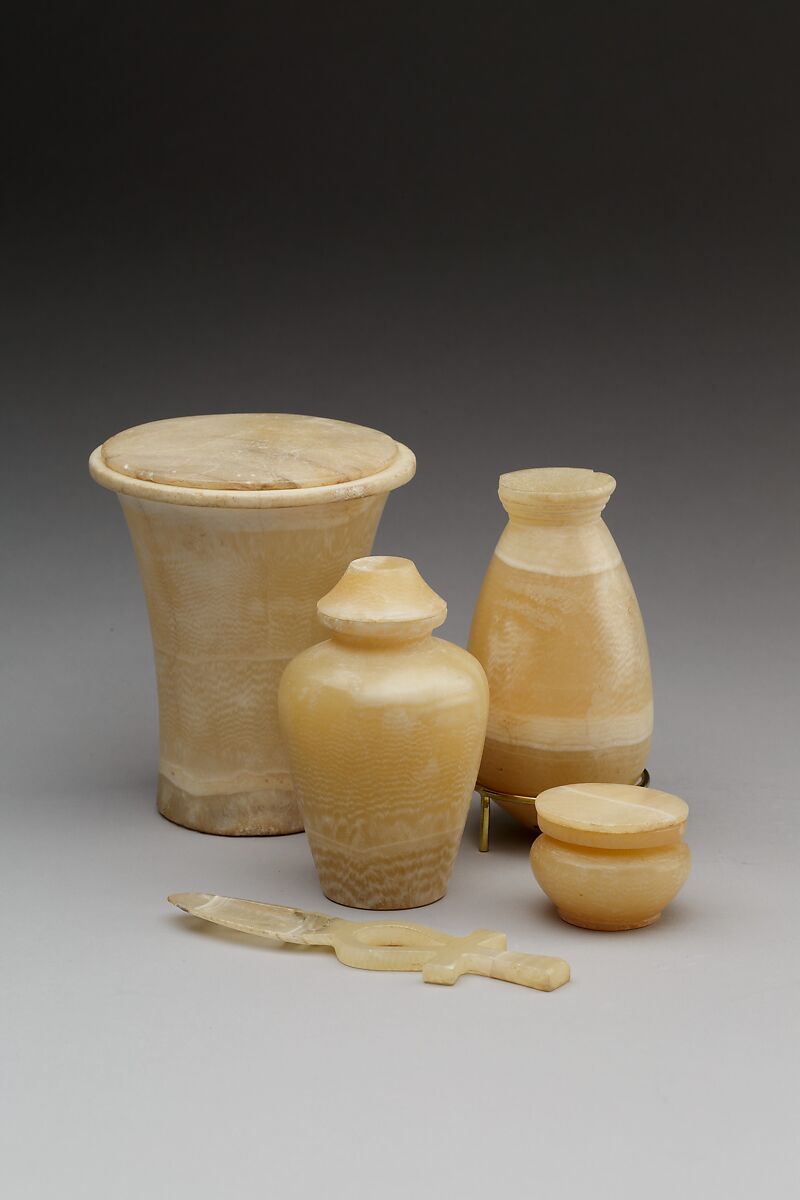 Kohl jar with a separate neck and lid, Travertine (Egyptian alabaster)