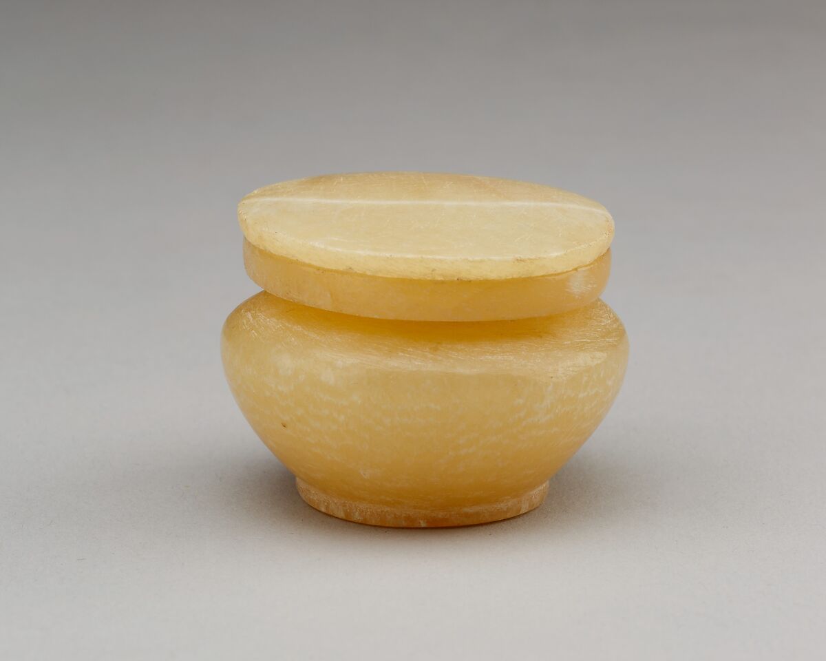 Kohl jar with a separate neck and lid, Travertine (Egyptian alabaster)