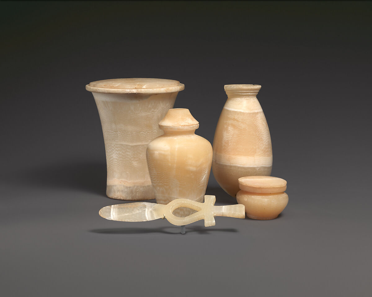 Kohl jar with a separate neck and lid, Travertine (Egyptian alabaster)