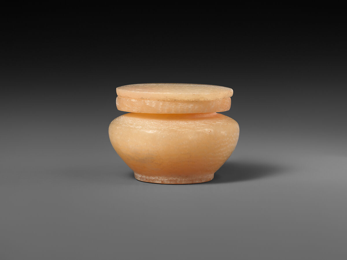 Kohl jar with a separate neck and lid, Travertine (Egyptian alabaster)