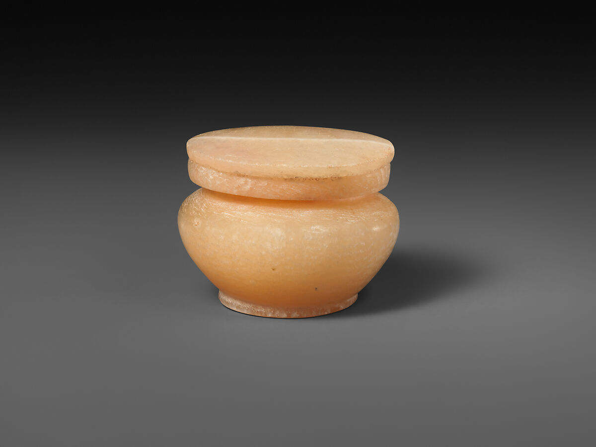 Kohl jar with a separate neck and lid, Travertine (Egyptian alabaster) 