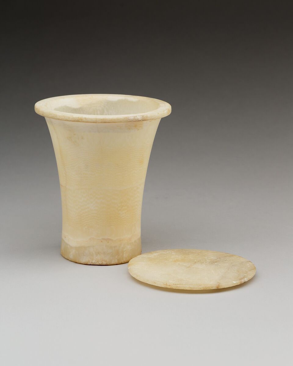 Cylindrical unguent vase with a lid, Travertine (Egyptian alabaster)