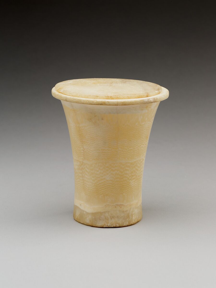 Cylindrical unguent vase with a lid, Travertine (Egyptian alabaster)